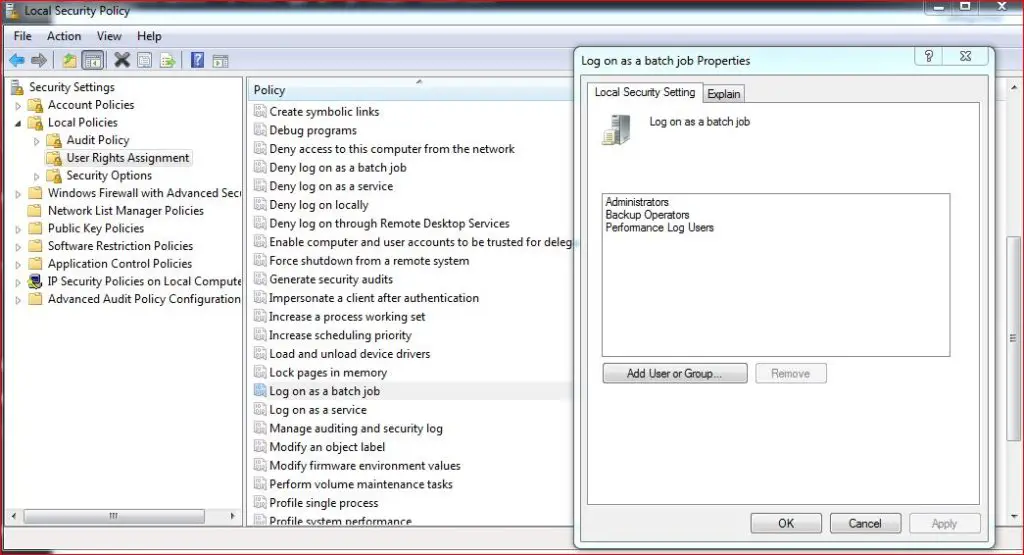 user rights assignment log on as a batch job